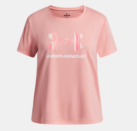 T-Shirt UA Tech™ - Under Armour rose clair en polyester, logo imprimé rose pâle blanc, vue de face, coupe femme adulte.