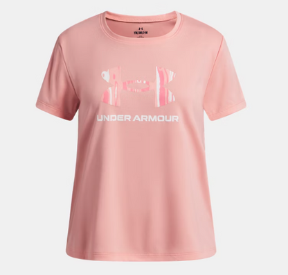 T-Shirt UA Tech™ - Under Armour rose clair en polyester, logo imprimé rose pâle blanc, vue de face, coupe femme adulte.