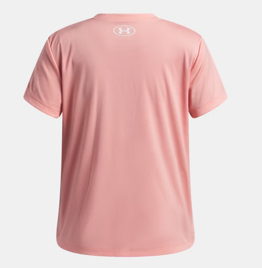 T-Shirt UA Tech™ - Under Armour rose en polyester pour enfant, vue de dos avec logo blanc au col arrière