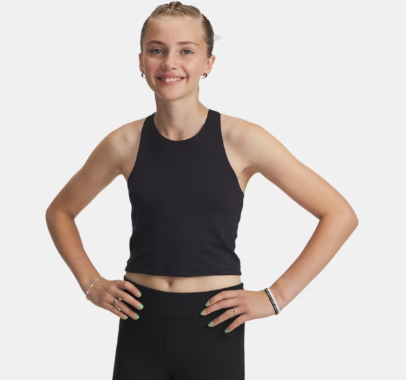 Camisole de sport UA Motion - Under Armour noire en polyester et élasthane, portée par adolescente, vue de face, style sportif ajusté.