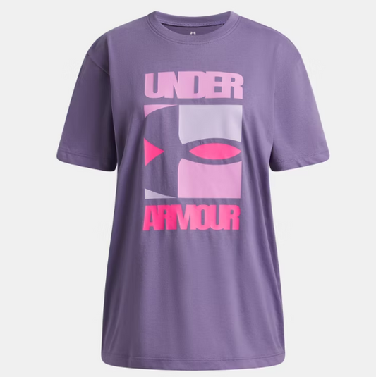T-Shirt UA Block Logo - Under Armour violet à logo rose et lilas, coton polyester, style décontracté, vue de face