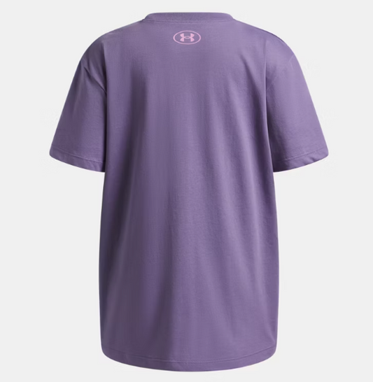 T-Shirt UA Block Logo - Under Armour violet avec logo rose au dos, en coton et polyester, vue de dos, taille enfant