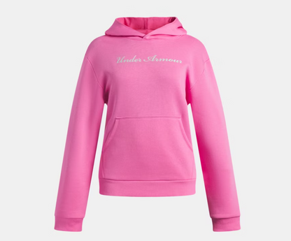 Hoodie UA Rival Fleece Shimmer - Under Armour, sweat à capuche rose vif en molleton polyester, coupe ajustée, vue de face.