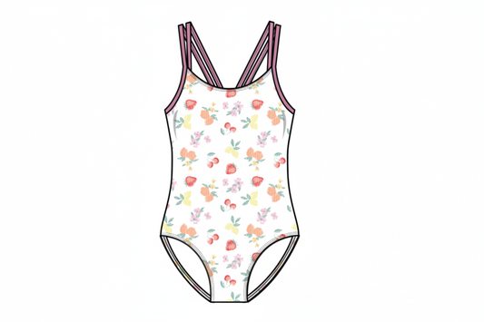 Maillot de bain - Mandarine & Co une pièce blanc à motifs mandarine et vert, bretelles fines, pour enfant, vue de face