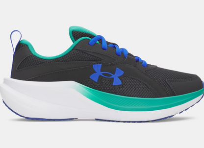 Espadrilles UA Assert 11 - Under Armour noires avec détails bleus et verts, en mesh respirant, vue de profil.