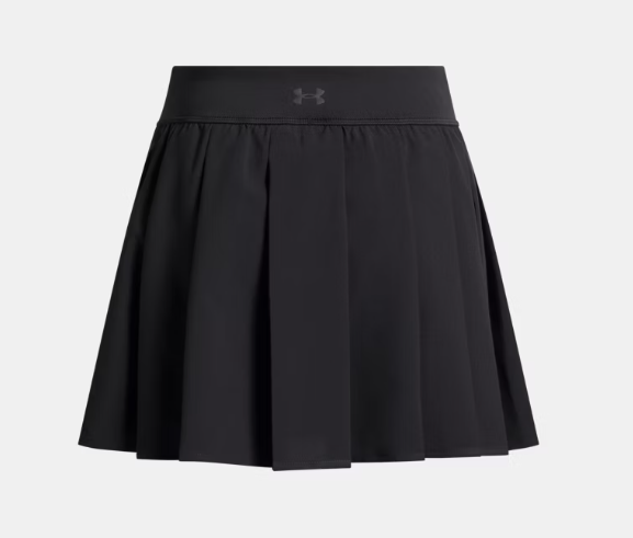Jupe-culotte UA Motion Pleated - Under Armour noire plissée pour fille, tissu extensible, vue de face sur fond blanc.