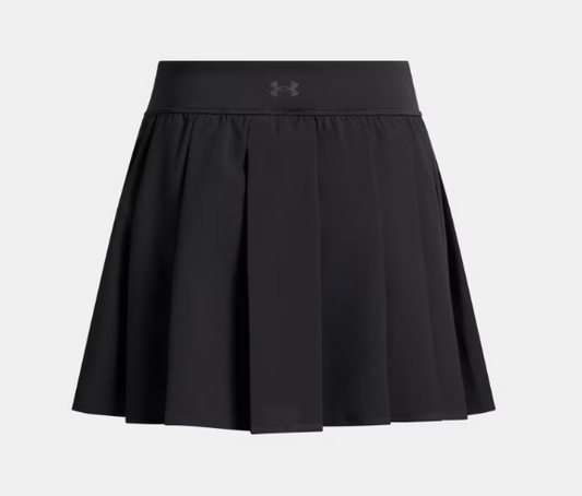 Jupe-culotte UA Motion Pleated - Under Armour noire plissée pour fille, tissu extensible, vue de face sur fond blanc.