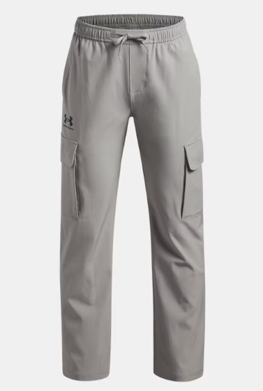 Pantalon Icon - Under Armour beige clair en tissu extensible, poches latérales, taille élastique, vue de face.