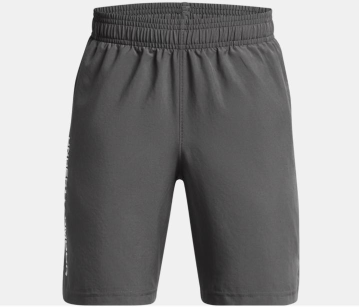 Short UA Tech™ Woven Wordmark - Under Armour gris foncé en polyester, short mi-long avec élastique taille, vue de face.