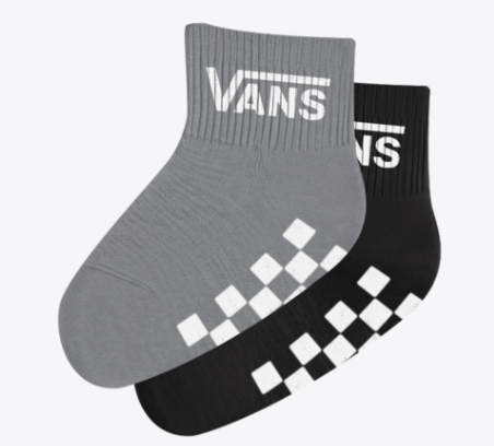 2 Paires de bas - Vans en coton gris et noir avec logo blanc et motif carreaux, vue de côté, taille adulte unisexe