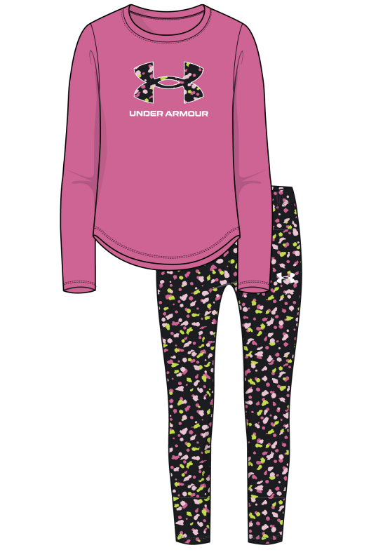 Ensemble - Under Armour pour enfant fille, haut manches longues rose avec logo floral, legging noir à motifs roses et verts, vue de face.