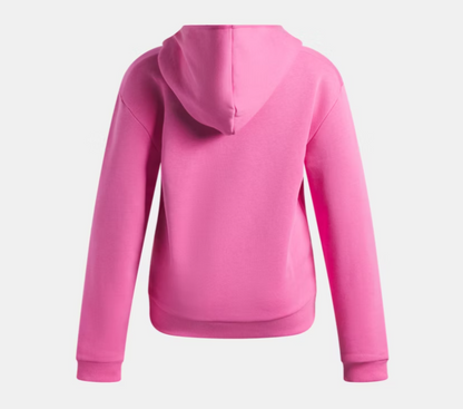 Hoodie UA Rival Fleece Shimmer - Under Armour rose vif en molleton doux, sweat à capuche pour enfant, vue de dos.