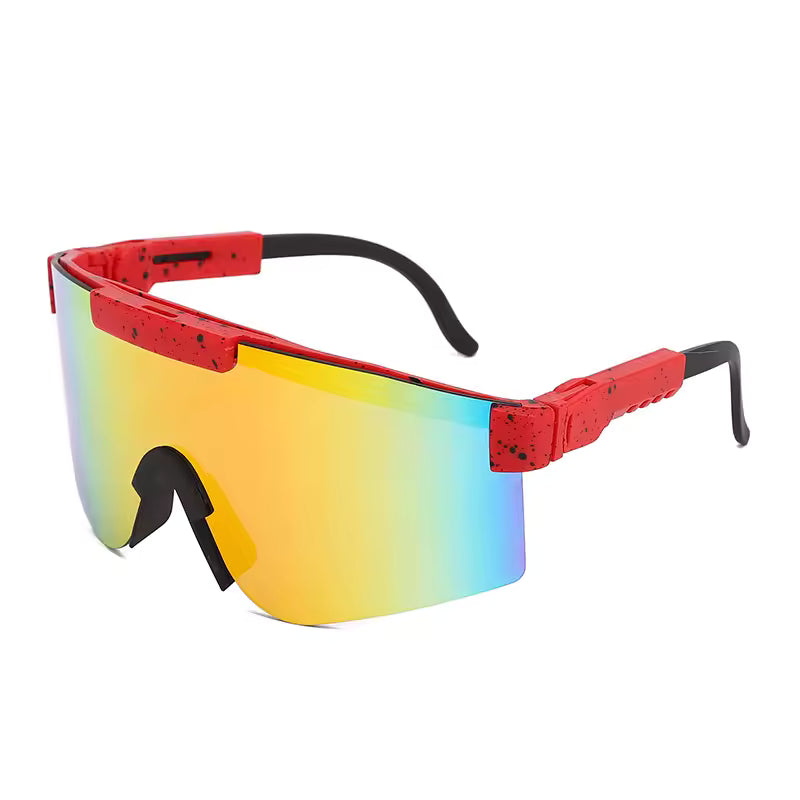 Lunettes de soleil - Kids Windshield rouge avec verres miroirs jaunes et bleus, style sport, pour enfant, vue de face