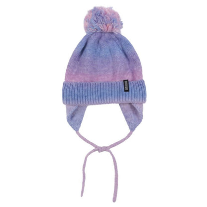 Tuque d'hiver - Nanö en tricot dégradé violet et rose avec pompon, doublure chaude, attaches sous le menton, pour enfant, vue de face.