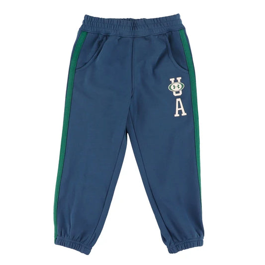Pantalon - Under Armour bleu marine à bandes vertes avec logo contrasté et chevilles élastiquées vue de face