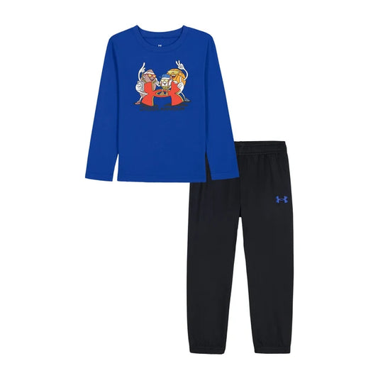 Ensemble - Under Armour bleu et noir pour enfant, haut à manches longues avec motif graphique et pantalon, vue de face