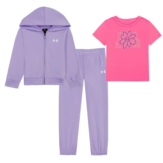 Ensemble 3 pièces - Under Armour violet et rose pour fille avec veste à capuche pantalon et tee-shirt fleuri vue de face