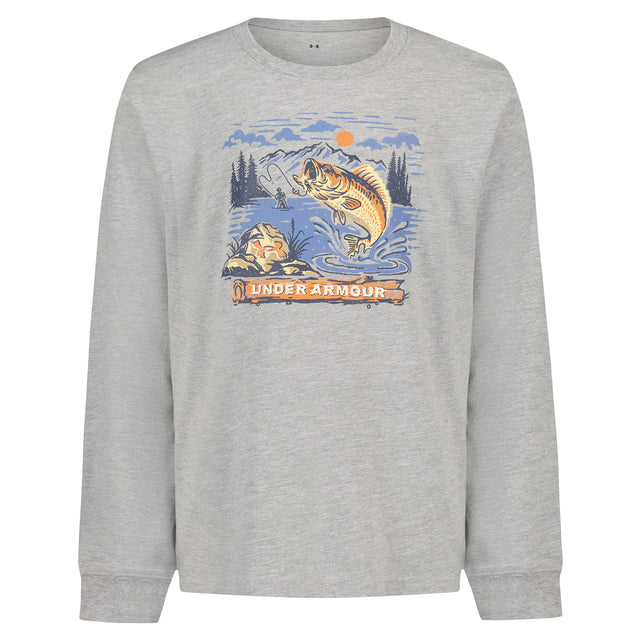 Chandail - Under Armour gris clair en coton avec imprimé poisson sautant sur fond de paysage nature, vue de face.