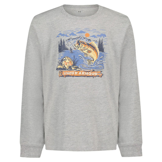Chandail - Under Armour gris clair en coton avec imprimé poisson sautant sur fond de paysage nature, vue de face.