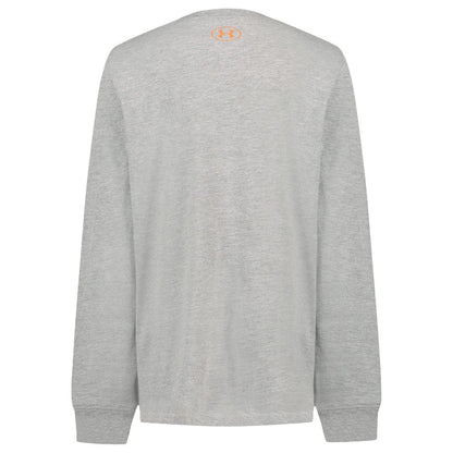 Chandail - Under Armour gris clair en coton à manches longues, vue de dos avec logo orange au col, style décontracté pour adulte.