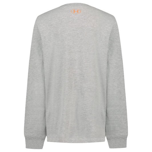 Chandail - Under Armour gris clair en coton à manches longues, vue de dos avec logo orange au col, style décontracté pour adulte.