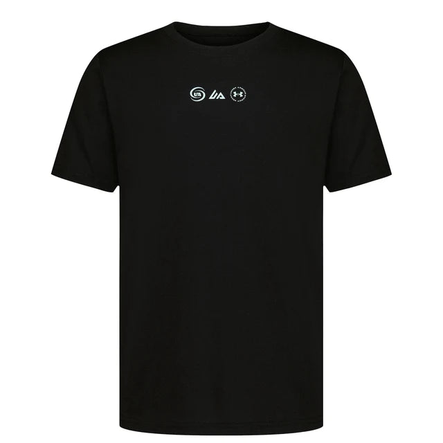 T-Shirt - Under Armour noir en coton avec col rond et manches courtes, logo blanc imprimé sur la poitrine, vue de face.