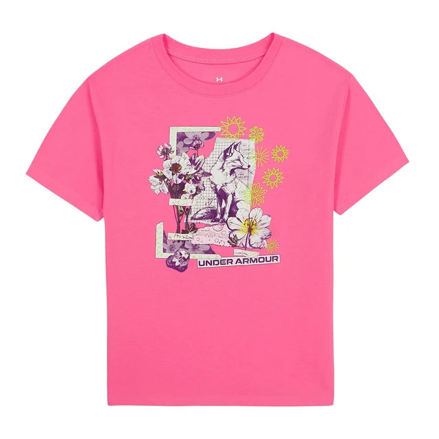T-Shirt - Under Armour rose à manches courtes avec motif floral coloré pour fille vue de face