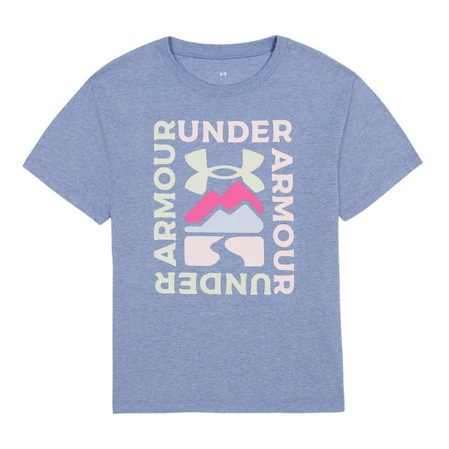 T-Shirt - Under Armour bleu chiné avec logo et texte multicolore imprimés devant, en coton, vue de face.