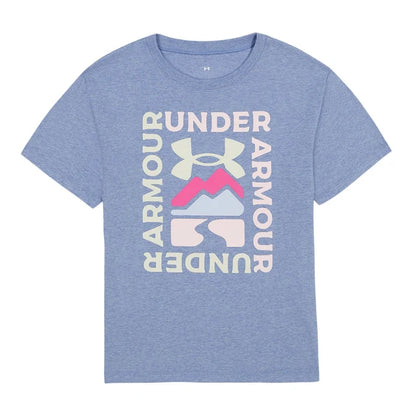 T-Shirt - Under Armour bleu chiné avec logo et texte multicolore imprimés devant, en coton, vue de face.