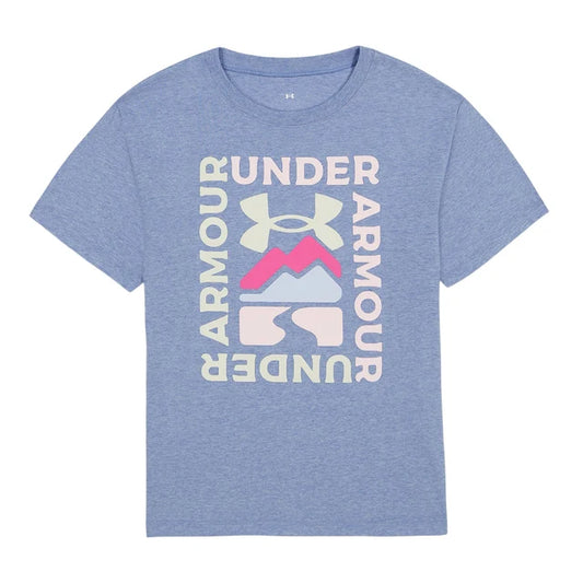 T-Shirt - Under Armour bleu chiné avec logo et texte multicolore imprimés devant, en coton, vue de face.