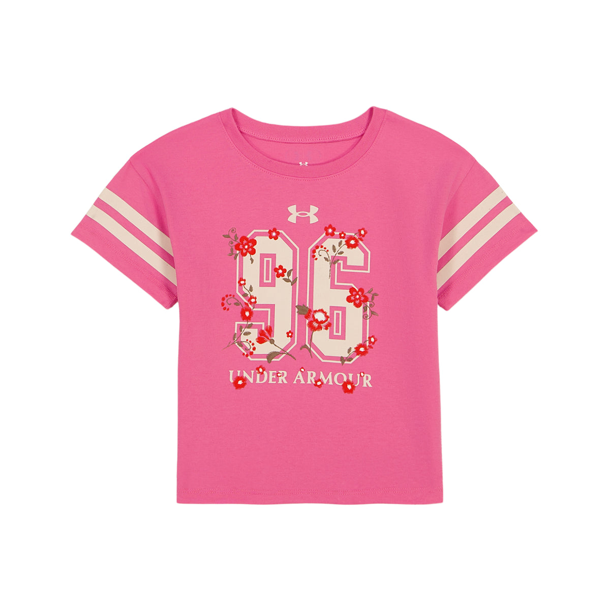 T-Shirt - Under Armour rose pour enfant à manches courtes avec rayures blanches et motif floral autour du chiffre 91 vue de face