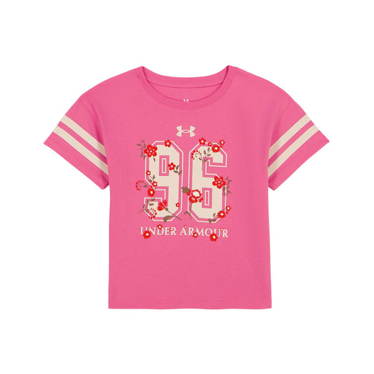 T-Shirt - Under Armour rose pour enfant à manches courtes avec rayures blanches et motif floral autour du chiffre 91 vue de face