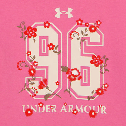 T-Shirt - Under Armour rose avec logo et motif floral rouge et blanc sur le devant vue de détail