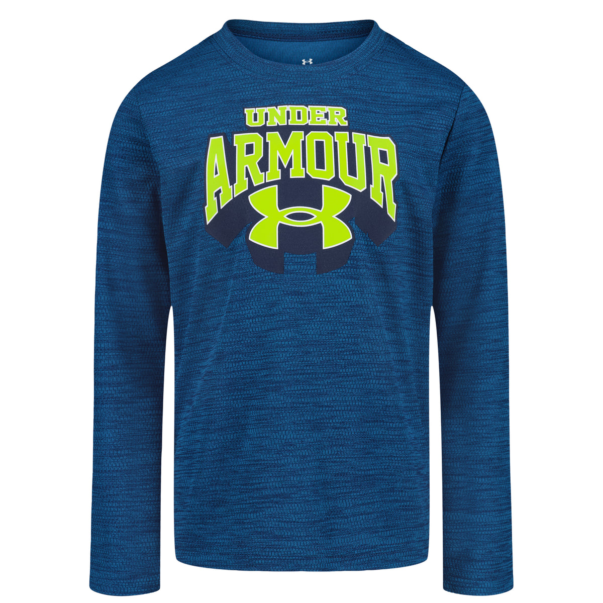 Chandail - Under Armour bleu marine à manches longues, logo vert fluo sur le devant, pour enfant, vue de face
