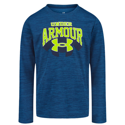 Chandail - Under Armour bleu marine à manches longues, logo vert fluo sur le devant, pour enfant, vue de face