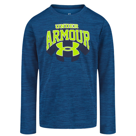 Chandail - Under Armour bleu marine à manches longues, logo vert fluo sur le devant, pour enfant, vue de face