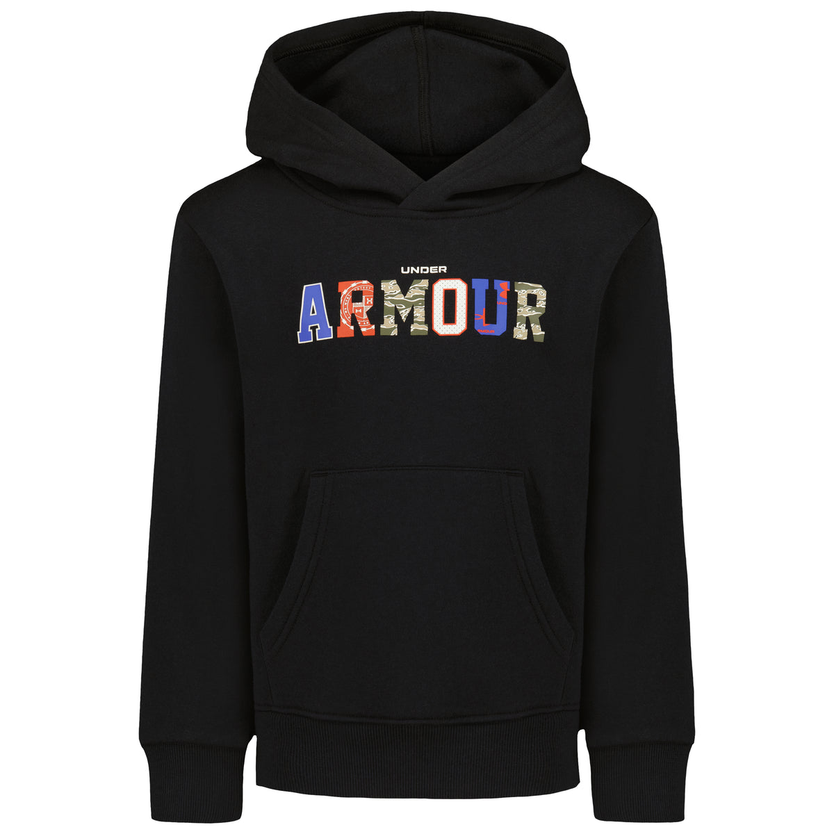 Hoodie - Under Armour noir à capuche, poche kangourou et logo multicolore sur le devant, vue de face