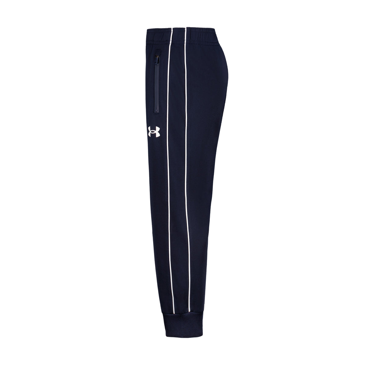 Pantalon - Under Armour bleu marine à bandes blanches et logo blanc avec poches zippées et chevilles resserrées vue de profil