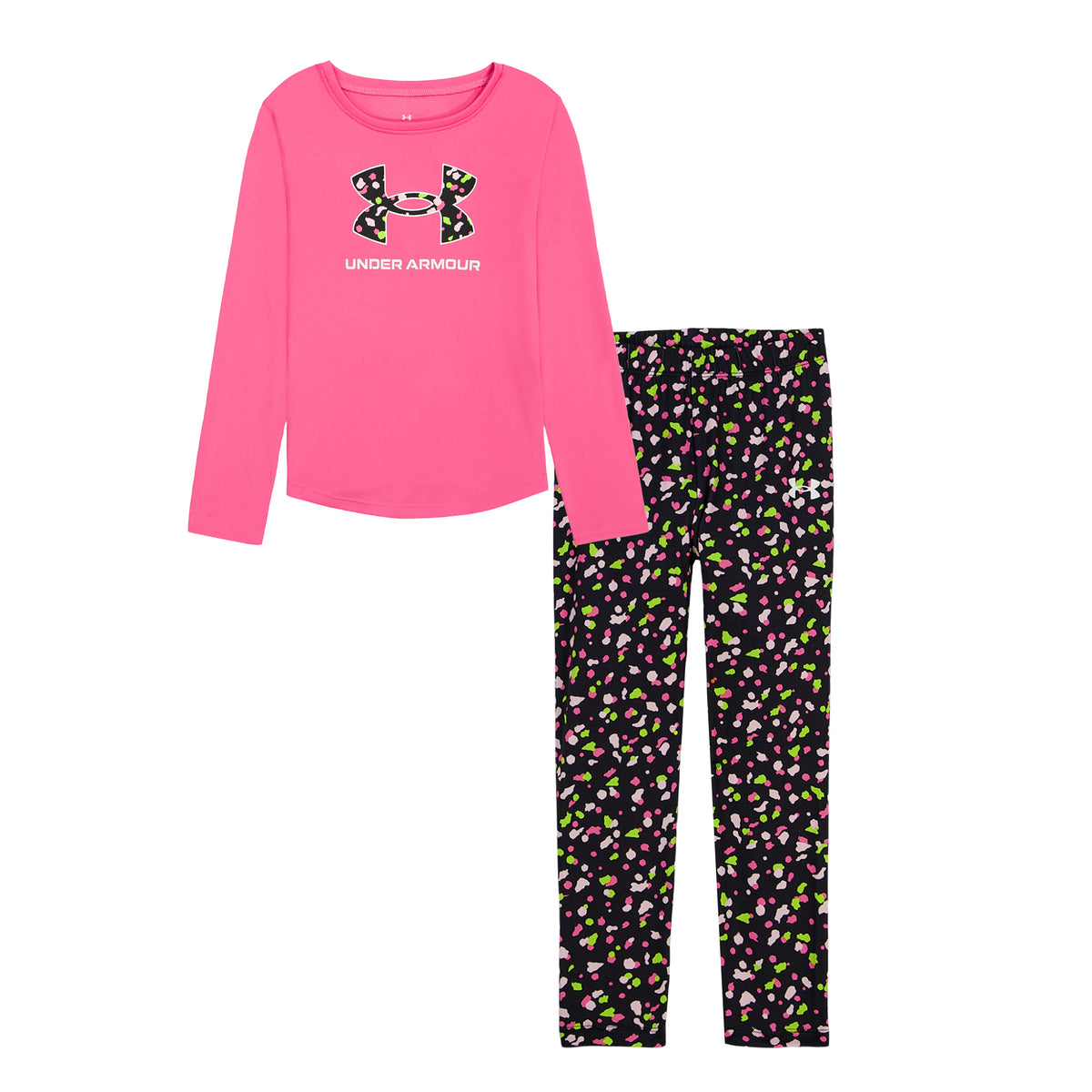 Ensemble - Under Armour pour fille, haut rose à manches longues et legging noir à motifs colorés, vue de face