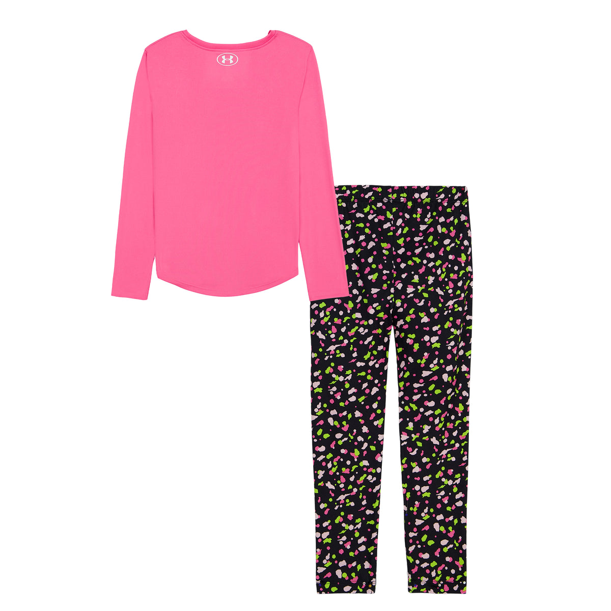 Ensemble - Under Armour pour fille avec haut rose à manches longues et legging noir à motifs colorés vue de face