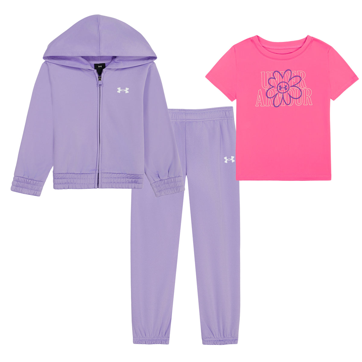 Ensemble 3 pièces - Under Armour pour fille, veste à capuche et pantalon violets, tee-shirt rose, présenté à plat