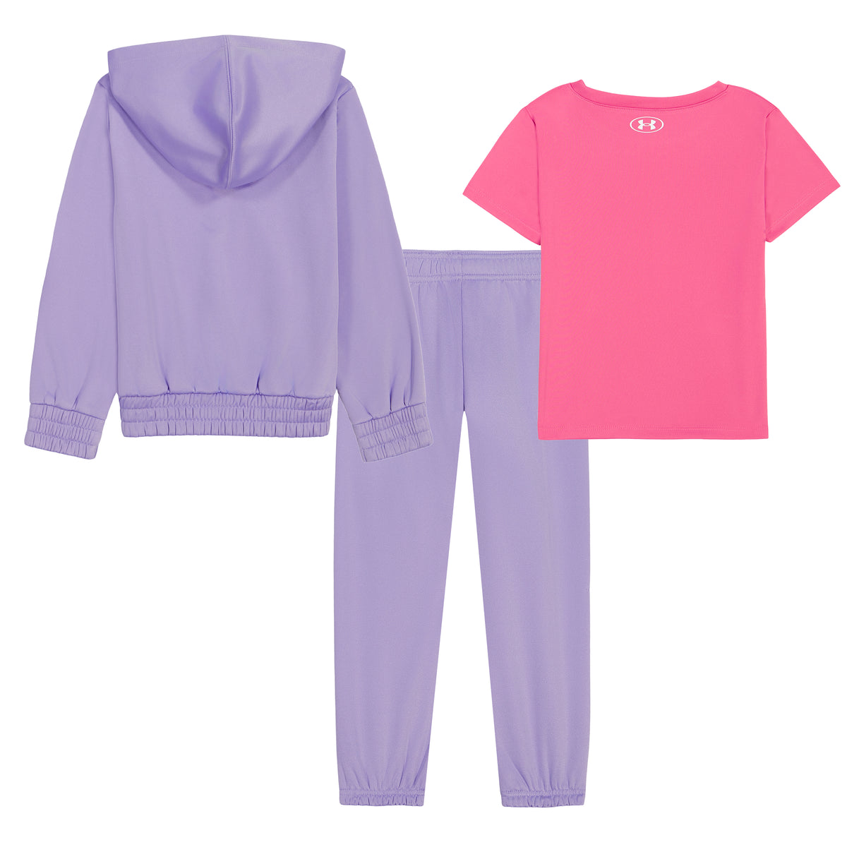 Ensemble 3 pièces - Under Armour violet et rose pour enfant avec veste à capuche pantalon et tee shirt manches courtes vue de face et de dos