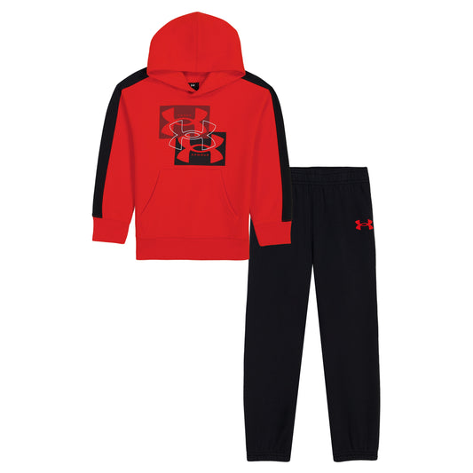 Ensemble - Under Armour rouge et noir pour enfant, sweat à capuche rouge et pantalon noir, vue de face
