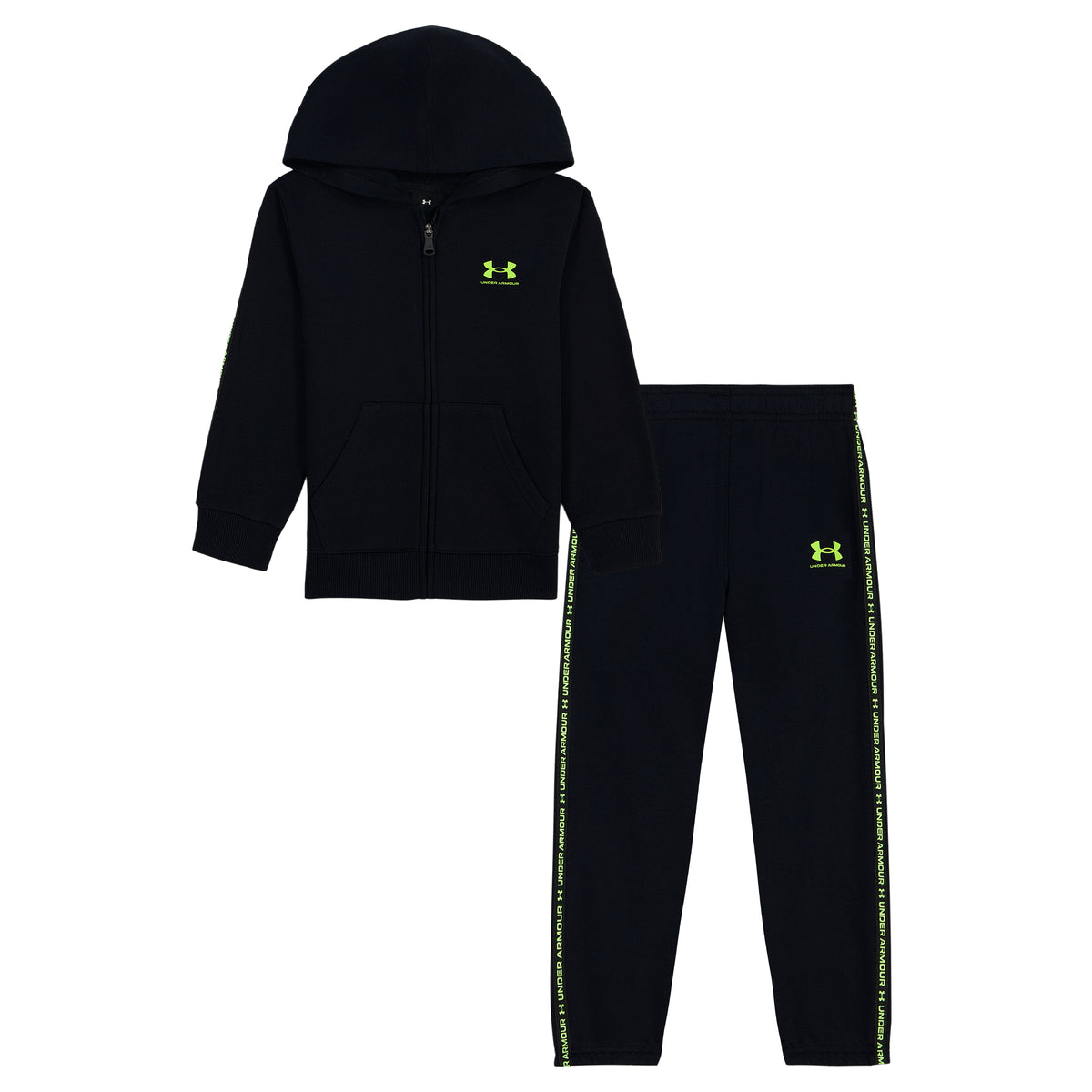 Ensemble - Under Armour, survêtement noir avec sweat à capuche zippé et pantalon assorti, logos verts, vue de face