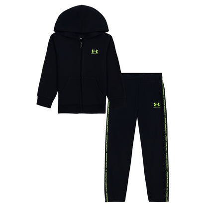 Ensemble - Under Armour, survêtement noir avec sweat à capuche zippé et pantalon assorti, logos verts, vue de face