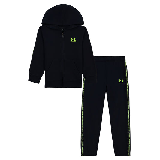 Ensemble - Under Armour, survêtement noir avec sweat à capuche zippé et pantalon assorti, logos verts, vue de face