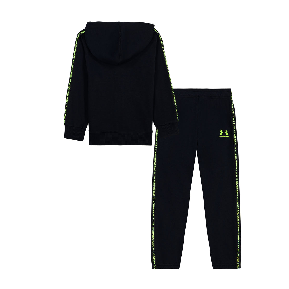 Ensemble - Under Armour noir pour enfant, veste à capuche et pantalon avec détails vert fluo, présenté à plat