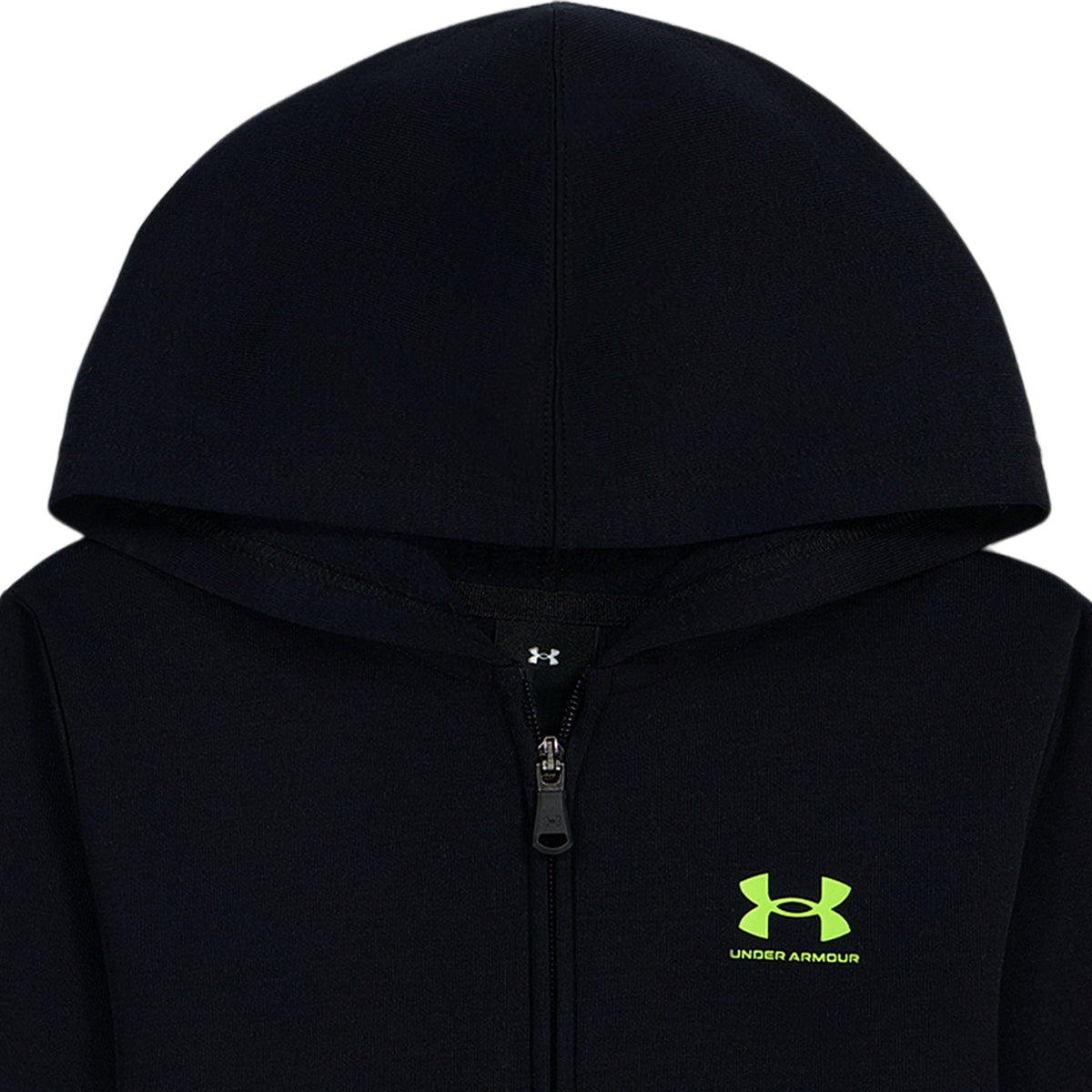 Ensemble - Under Armour noir à capuche zippé, logo vert contrastant, vue de face pour enfant