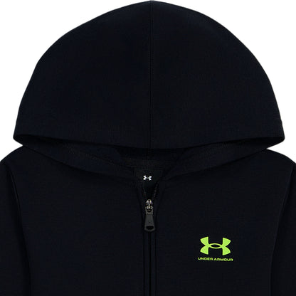 Ensemble - Under Armour noir à capuche zippé, logo vert contrastant, vue de face pour enfant