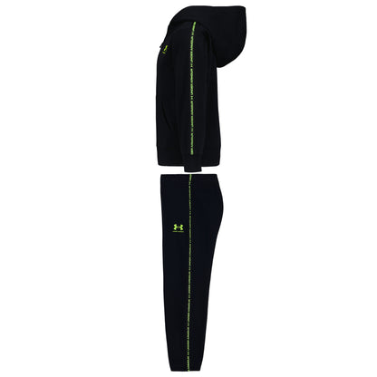 Ensemble - Under Armour noir avec haut à capuche et pantalon, détails vert fluo, vue de côté